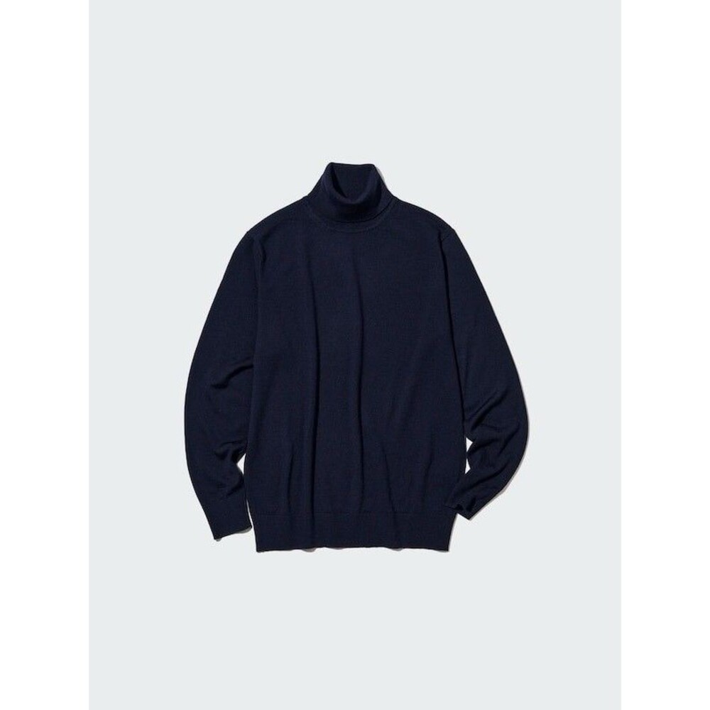 Uniqlo Sweater Medium Blue Navy Turtleneck 100% Wool Thin Knit Solid